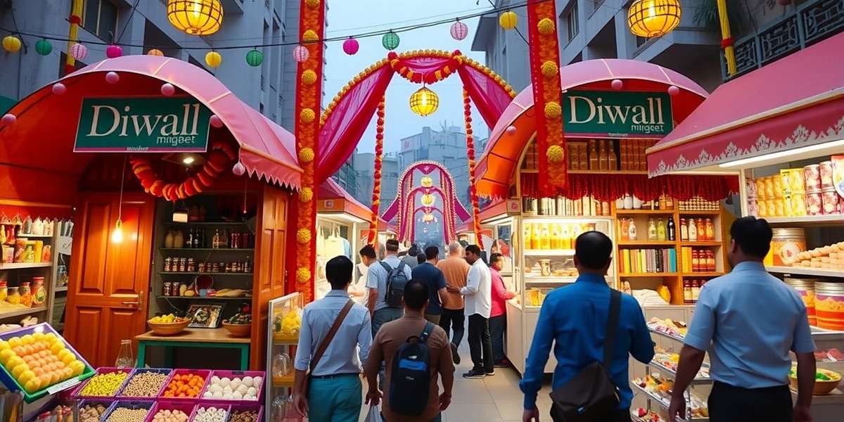 Mumbai Market Mogul Festival Event Mumbai Market Mogul festival event showing a Diwali market with decorated shops and customers buying festive items